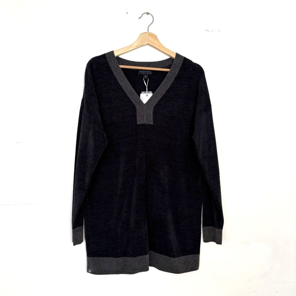 New Barefoot Dreams Women's Sz M CozyChic Ultra Lite V-Neck Tunic Sweater Black - Picture 2 of 9